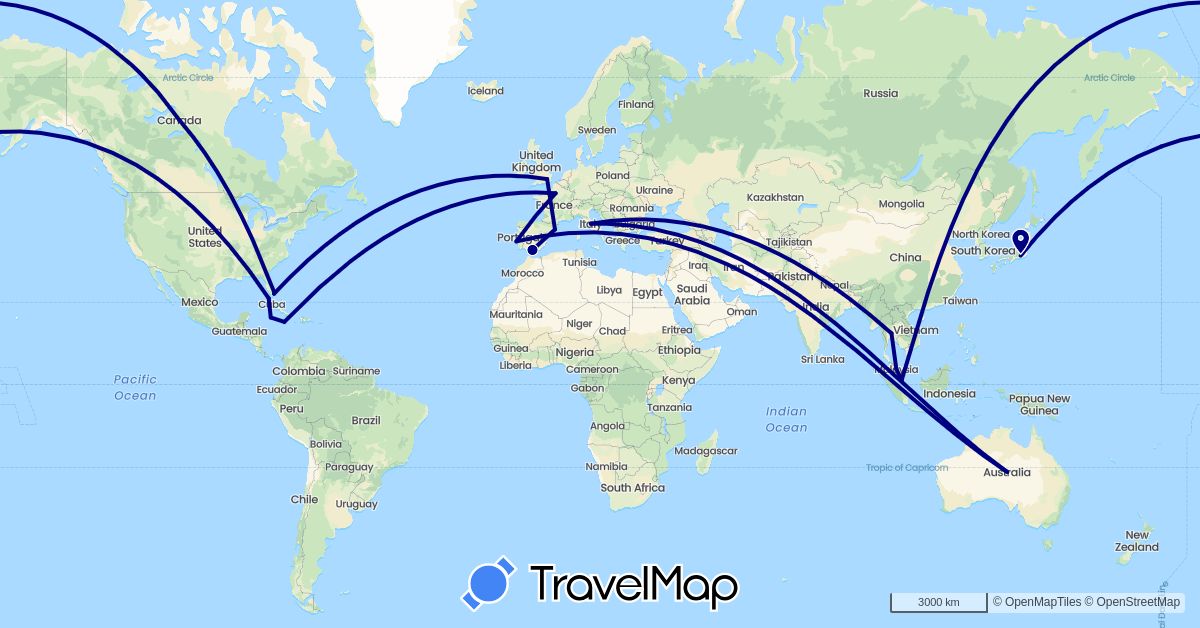 TravelMap itinerary: driving in Australia, Canada, Spain, France, United Kingdom, Italy, Jamaica, Japan, Cayman Islands, Malaysia, Portugal, Singapore, Thailand, United States (Asia, Europe, North America, Oceania)